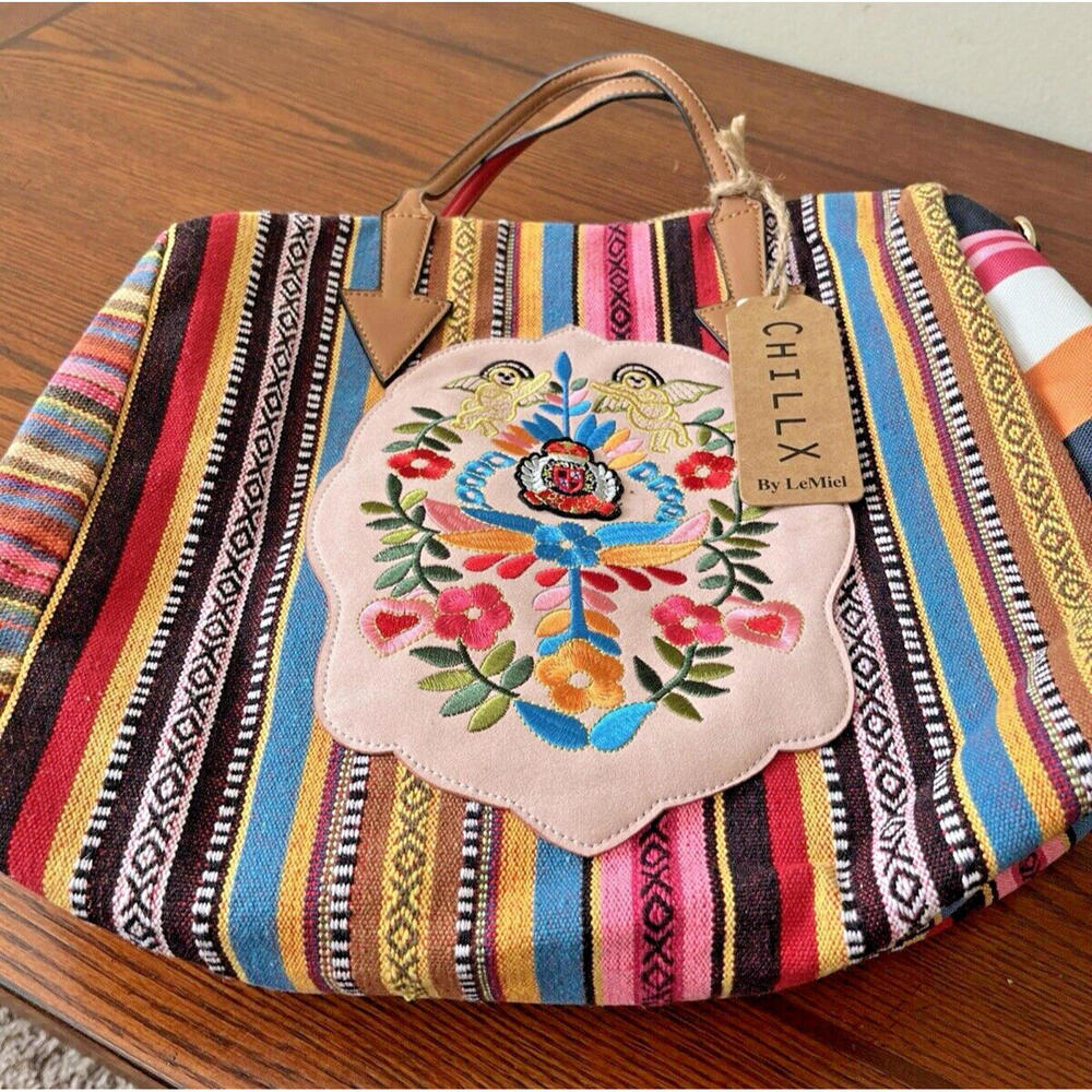 ChillX by Lemiel Women's Large Multicolor Striped Bohemian Canvas Tote Purse NWT